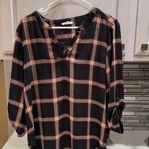Maurices Plaid V-Neck Blouse - Black and Pink